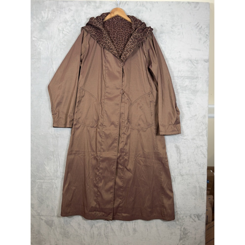 VTG Nordstrom Reversible Trench‎ Coat M Brown Leopard Print Hooded Belted Read!